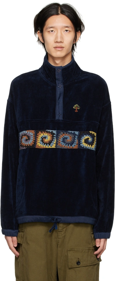 Story Mfg. Polite Crochet-trimmed Embroidered Organic Cotton-velvet Sweatshirt In Blue