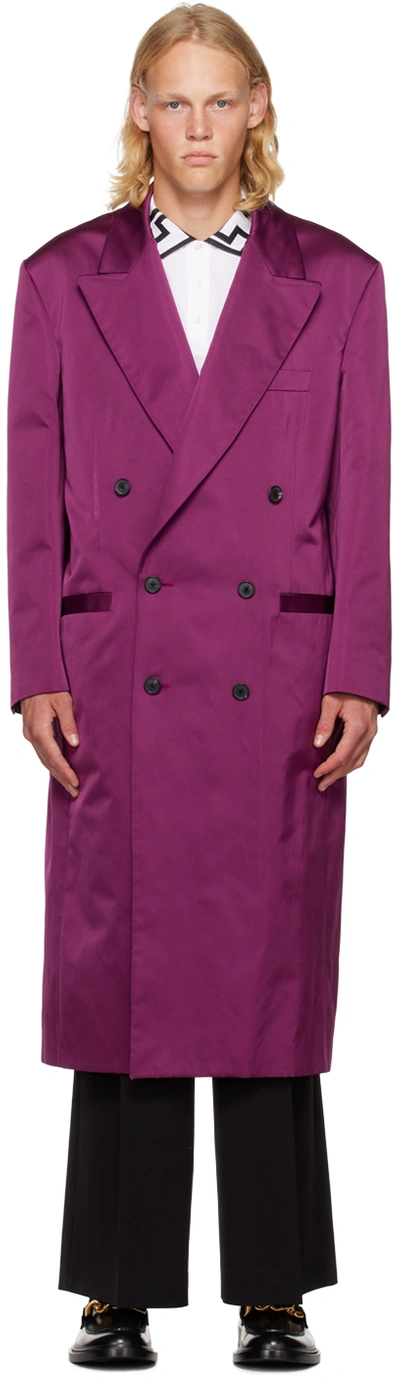 Versace Silk Double-breasted Coat In Purple