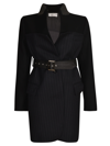 Sacai Belted Pinstriped Wool Blazer In Black/navy