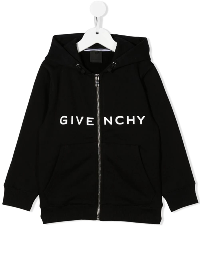 Givenchy Kids Black Zipped Hoodie With White Logo And 4g Motif