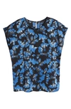 Halogen Cap Sleeve Satin Top In Black- Blue Fan Floral