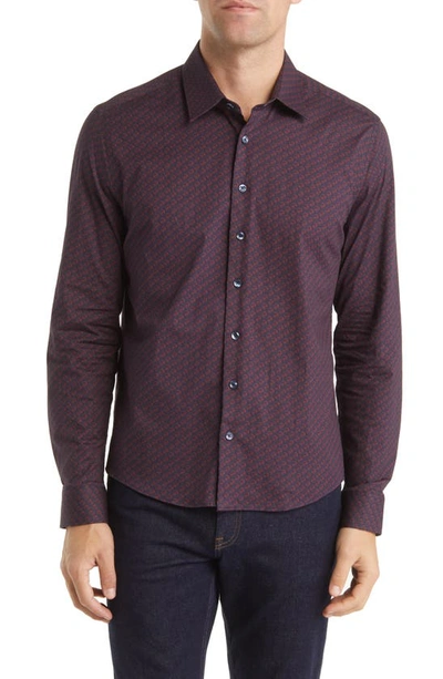 Stone Rose Skull Print Stretch Woven Button-up Shirt In Burgundy