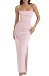 House Of Cb Adrienne Gathered Strapless Gown In Pink Quartz