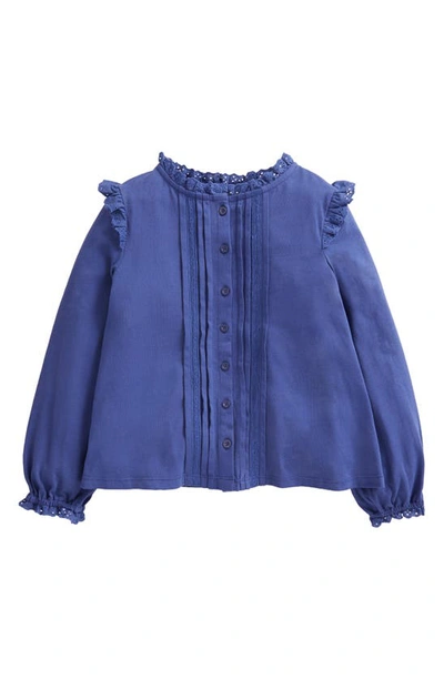 Mini Boden Kids' Pretty Cotton Button-up Top In Starboard Navy