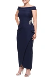 Alex Evenings Off The Shoulder Side Swept Evening Gown In Navy