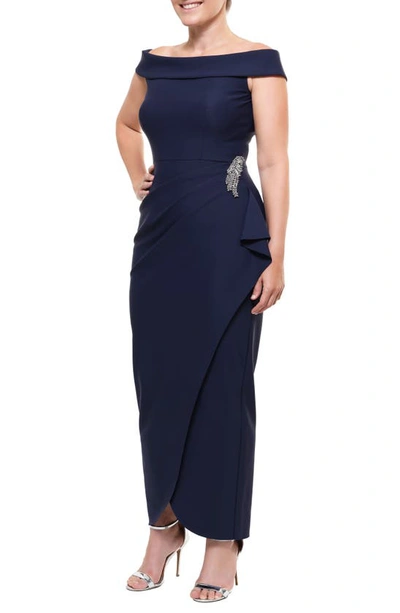 Alex Evenings Off The Shoulder Side Swept Evening Gown In Navy