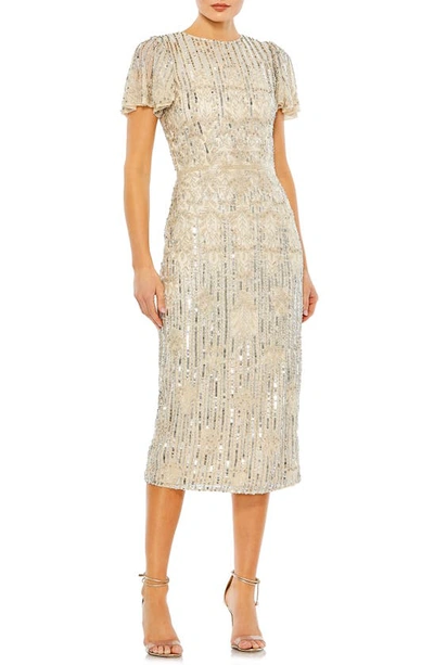 Mac Duggal Embellished Flutter Sleeve High Neck Dress In Nude Silver