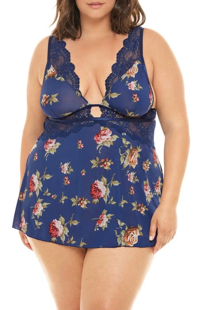 Oh La La Cheri Plus Size Naeva Printed Babydoll With Wide Scallop Lace Details In Estate Blue Scattered Ros