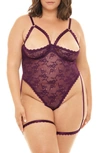 Oh La La Cheri Plus Size Elayne Open Shelf Cup Teddy With Open Gusset And Garter Stays In Potent Purple