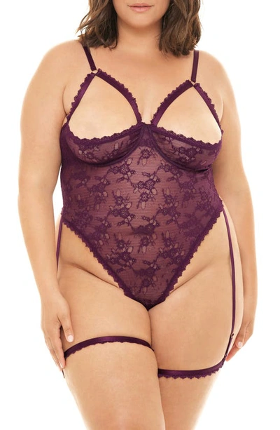 Oh La La Cheri Plus Size Elayne Open Shelf Cup Teddy With Open Gusset And Garter Stays In Potent Purple