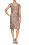 Alex Evenings Sequin Cap Sleeve Sheath Cocktail Dress In Mocha