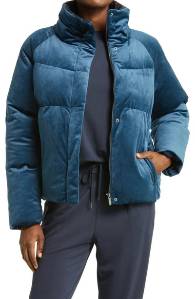 Zella Velvet Puffer Jacket In Navy Denim