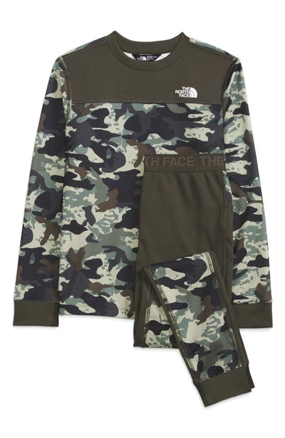 The North Face Kids' Camouflage Thermal Knit Top & Pants Set In Taupe Green Never Stp Cmo Prnt