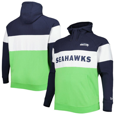 New Era College Navy/neon Green Seattle Seahawks Big & Tall Current Team Colorblock Fleece Raglan Pu