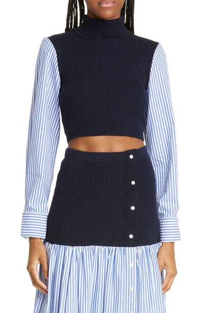 Staud Louisa Cropped Ribbed Merino Wool And Striped Cotton-poplin Turtleneck Top In Navy Blue White Stripped