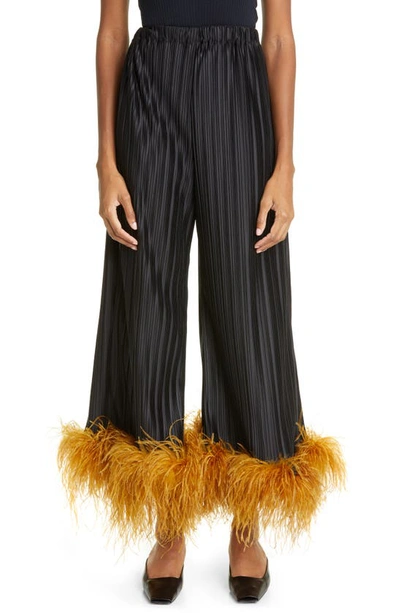 Dauphinette Party Pants Feather Trim Pleated Wide Leg Pants In Midnight