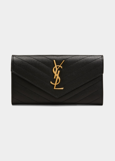 Saint Laurent Large Ysl Grain De Poudre Leather Flap Wallet In Black