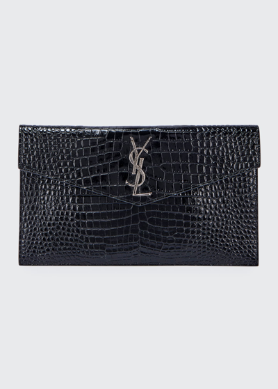 Saint Laurent Uptown Crocodile-embossed Pouch Bag In Black