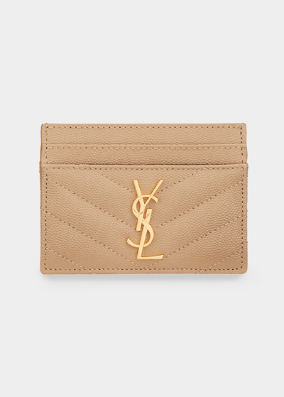 Saint Laurent Ysl Monogram Card Case In Grained Leather In Dark Beige