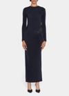 Giorgio Armani Embellished Waist Longsleeved Gathered Dress In Solid Blue Navy