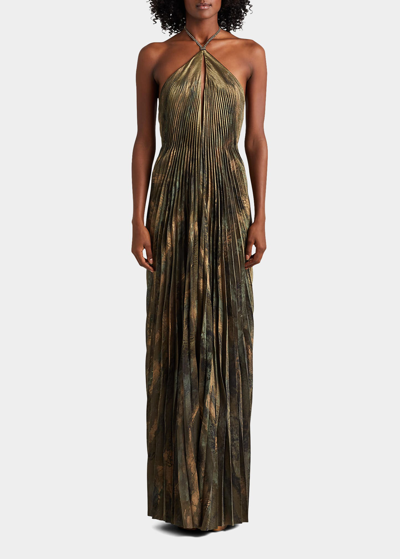 Ralph Lauren Allston Crystal Halter Metallic Pleated Gown In Olive