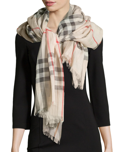 Burberry Giant Check Gauze Scarf In Stone Check
