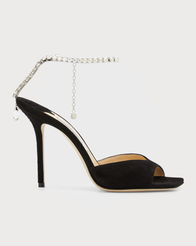JIMMY CHOO SAEDA SUEDE CRYSTAL ANKLE-STRAP SANDALS