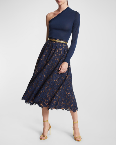 Michael Kors Floral-lace Midi Circle Skirt In Navy Floral Lace