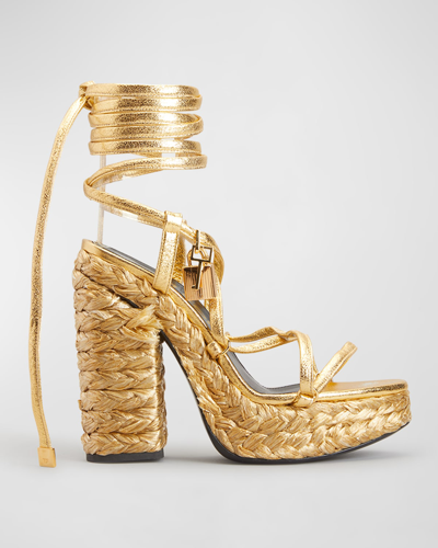 Tom Ford Metallic Rope Ankle-wrap Platform Sandals In Gold