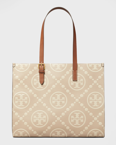 Tory Burch T Monogram Small Contrast Embossed Tote In New Cream