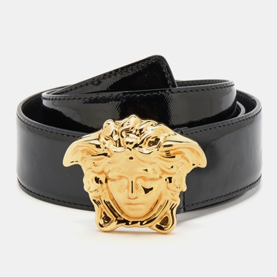Pre-owned Versace Black Patent Leather Medusa Waist Belt 90 Cm
