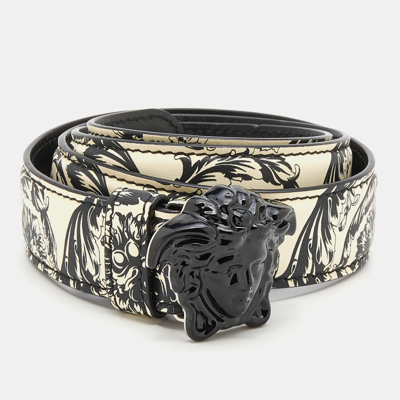Pre-owned Versace Black/white Baroque Print Leather Medusa Waist Belt 80 Cm