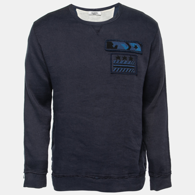 Pre-owned Valentino Indigo Blue Distressed Linen & Cotton Military Sweatshirt Xs