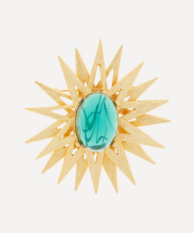 Kenneth Jay Lane 22ct Gold-plated Sunburst Emerald Cabochon Centre Brooch