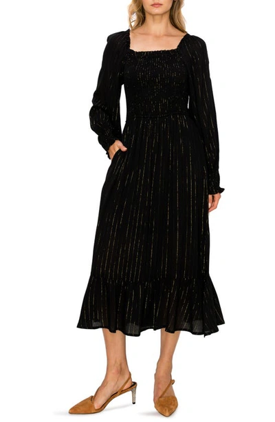 Melloday Metallic Stripe Long Sleeve Smocked Midi Dress In Black - Main Image
