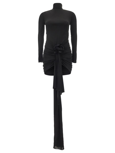 Saint Laurent Embellished Ruched Satin-jersey Mini Dress In Black