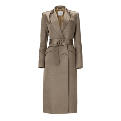 Lita Couture Belted Midi Trench Coat In Liquid Silver In Beige