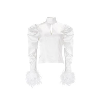 Lita Couture Taffeta Blouse With Feathers In White