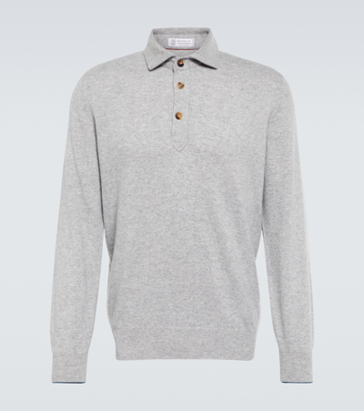 Brunello Cucinelli Long-sleeve Cashmere Polo Shirt In Gray