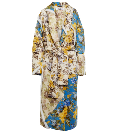Acne Studios Belted Cotton-trimmed Floral-print Cotton-shell Coat In Beige