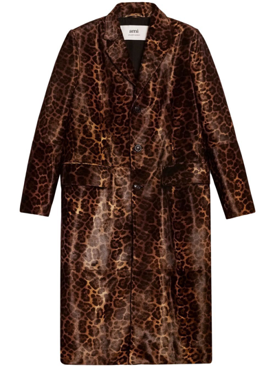 Ami Alexandre Mattiussi Leopard-print Button-front Coat In Brown