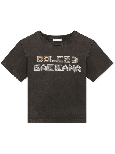 Dolce & Gabbana Kids' Studded Logo Cotton T-shirt In Black