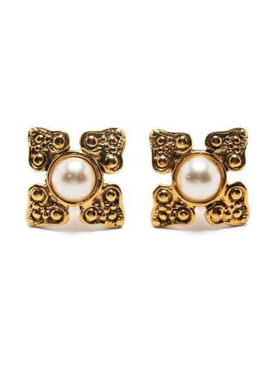 Pre-owned Chanel Faux Pearl-detailed Cufflinks In Gold