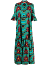 La Doublej Artemis Wavy Floral-print Ruffle-cuff Maxi Shirtdress In Green