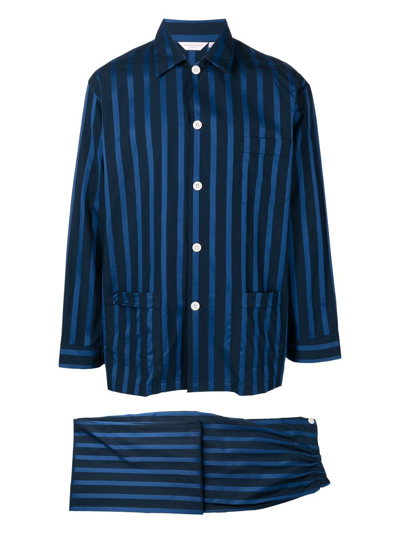 Derek Rose Stripe-print Silk Pajama Set In Blue