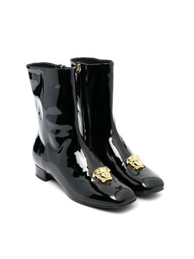 Versace Kids' Medusa Plaque Patent Leather Boots In Black