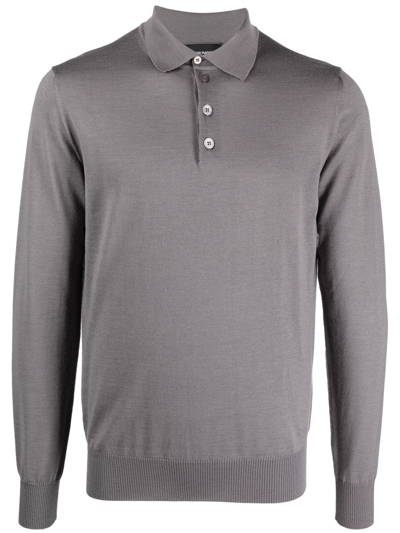 Emporio Armani Knitted Virgin Wool Polo Shirt In Grey