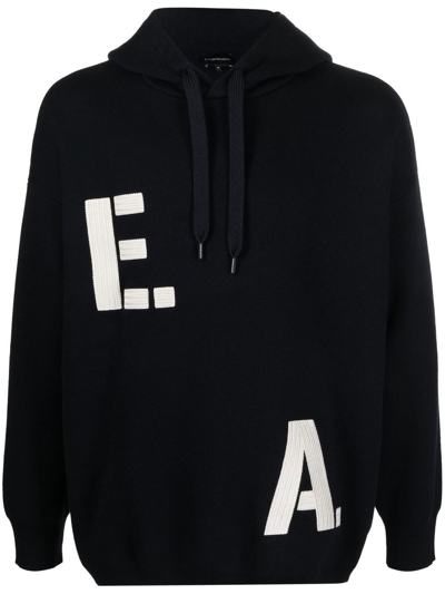 Emporio Armani Logo-appliqué Knitted Hoodie In Blue