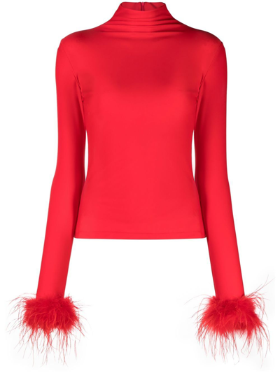 Atu Body Couture Feather-cuff High-neck Top In Red