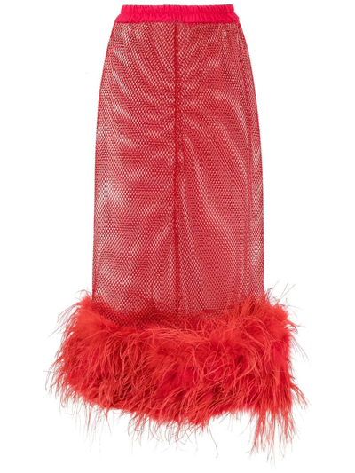 Atu Body Couture Feather-trim Sheer Maxi Skirt In Red